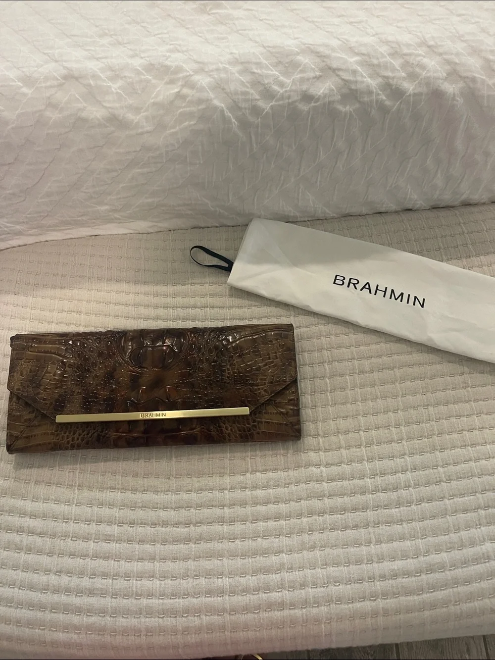 Brahmin Brown Croc-Embossed Leather Clutch with Gold Bar